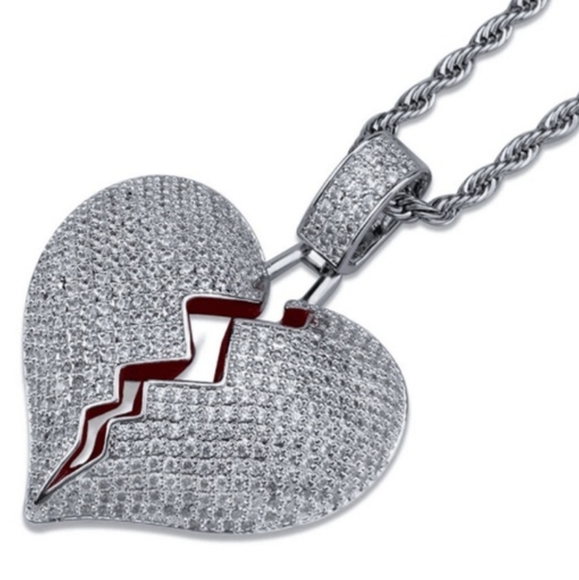 Silver Heart Broken Iced Out Pendant Necklace - Picture 5 of 11